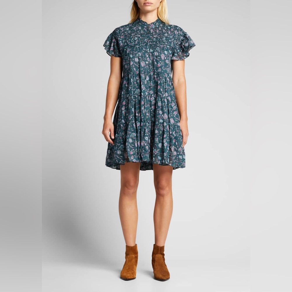 Isabel Marant Etoile Lanikaye Pintuck Floral Cotton Smocked Tunic Dress